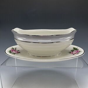 Royal Jackson Gravy Boat Sauce Vogue Ceramic Rose Silver Attached‎ Plate